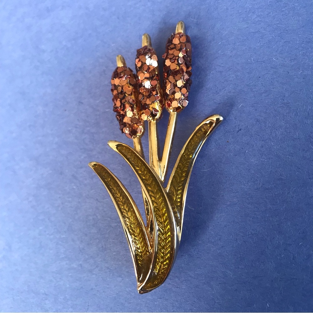 Danecraft Vintage Cattail Gold Tone Brooch, approx. 2 7/8” long by 1 3/8” wide